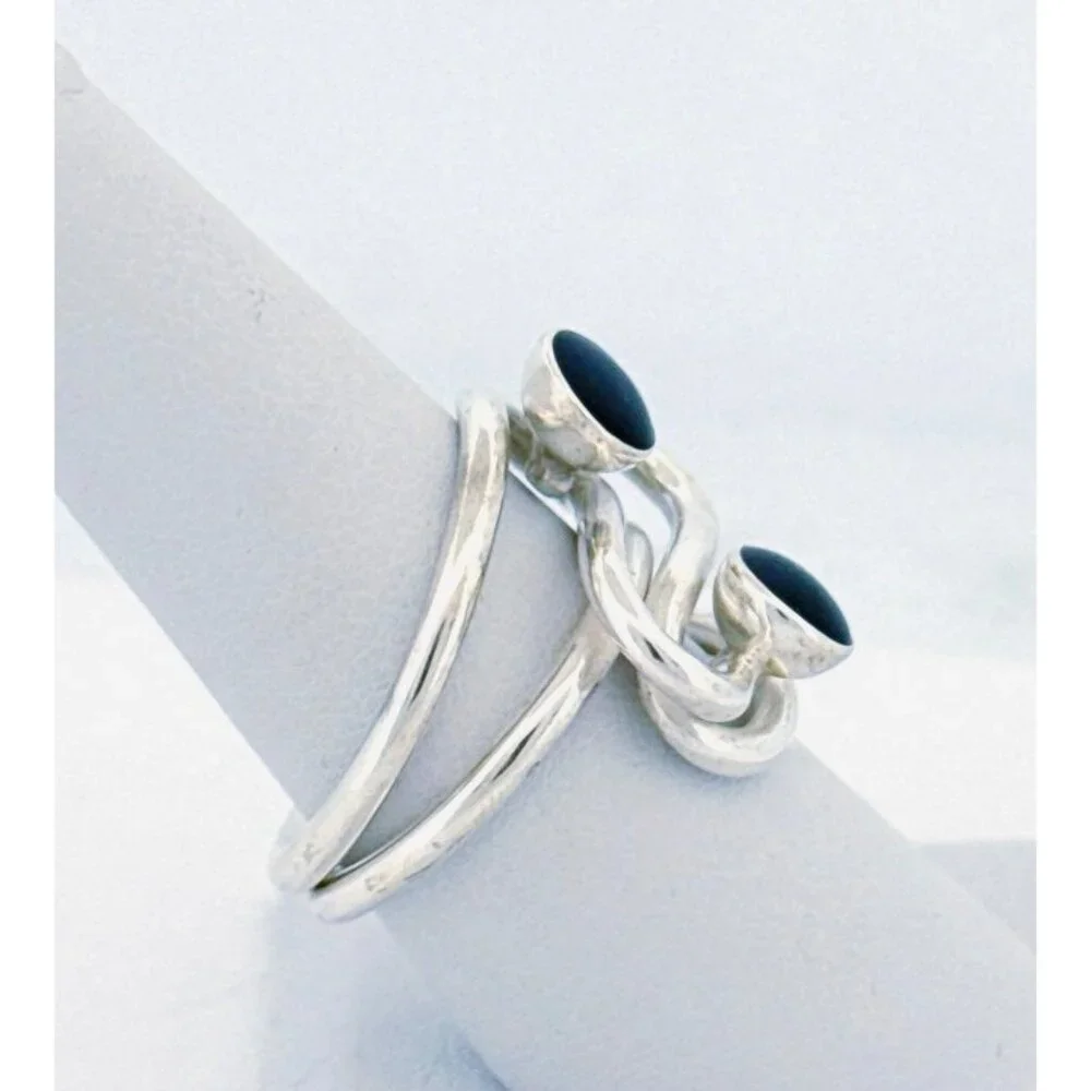 Vintage Sterling Silver 925 Spiral Wrap Ring Black Onyx Size 8 Estate 8.9g - Picture 3 of 10